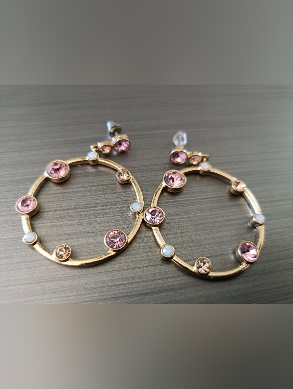 Gold Hoop Earrings with Pink Gemstones and Opal Accents